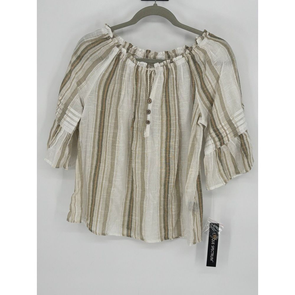 Unique Spectrum Ivory/Green Striped Blouse with Tassels Small